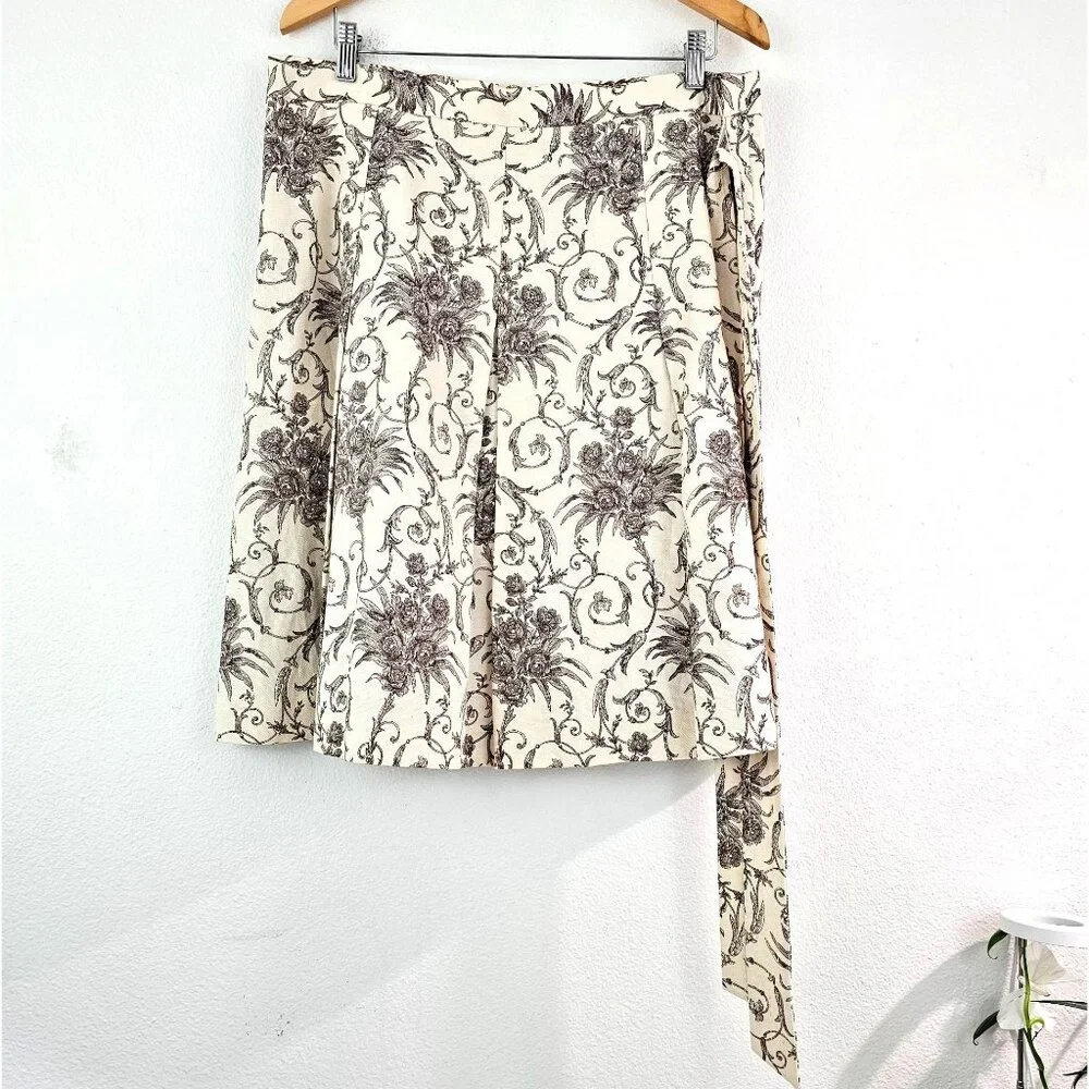 Faconnable Women 14 Ecru Hazelnut Floral Pleat Cotton Linen Skirt Lined Romantic